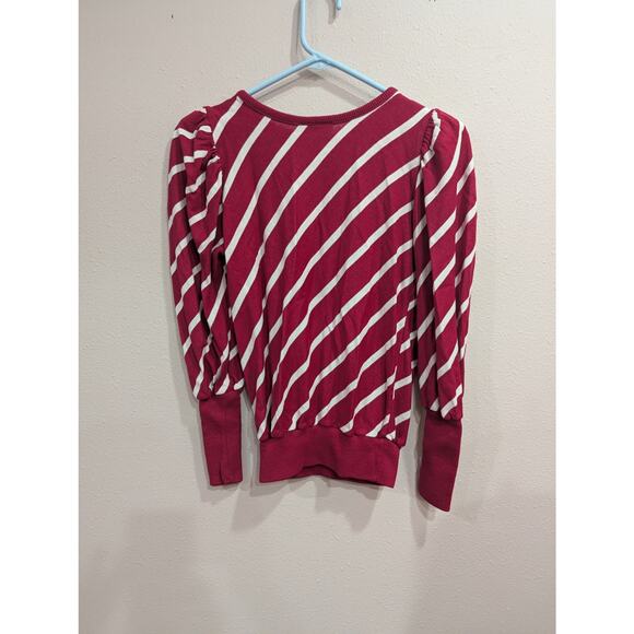 Vintage mutton sleeve magenta and white striped crew neck knit blouse - Picture 3 of 14